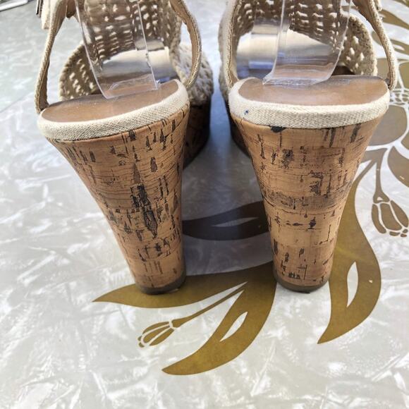 SO Natural Cream Tan Perch Basket Woven Cork Wedge Strappy Heel Sandal Shoes - Picture 10 of 11
